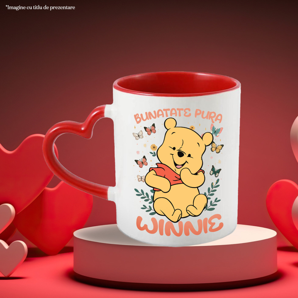 Cana Cu Când fluturii danseaza, Winnie zambeste Ceramica, 330ML, cu Maner Inima Rosie [3]