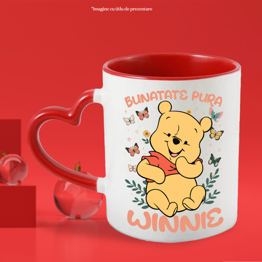 Cana Cu Când fluturii danseaza, Winnie zambeste Ceramica, 330ML, cu Maner Inima Rosie [2]