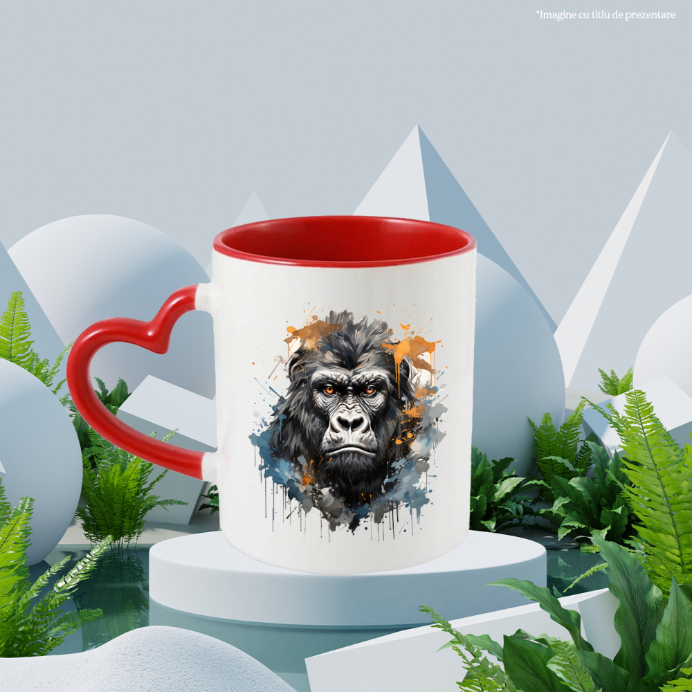 Cana Cu Cap De Gorila, Watercolor, Ilustratie, Ochi, Animal, Multicolor 330 ml, Ceramica cu Maner Inima Rosie [3]