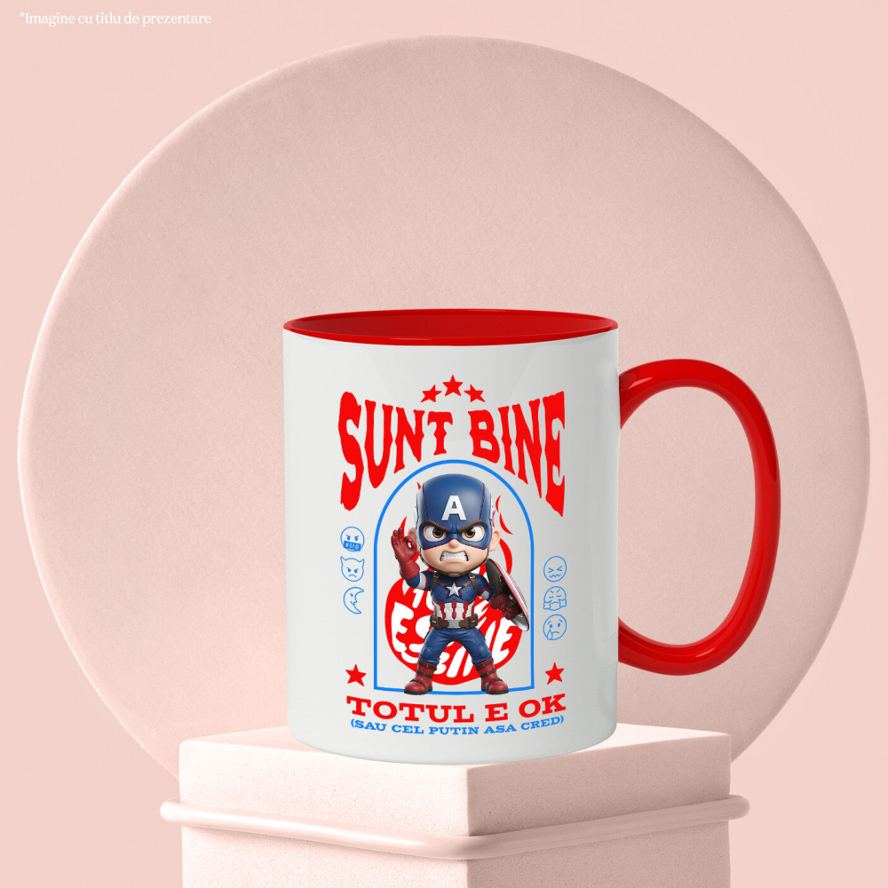 Cana Cu Capitanul America, Ok, Sarcastic, Nervos, Iritat Ceramica, 330ML, cu Maner Rosu [3]