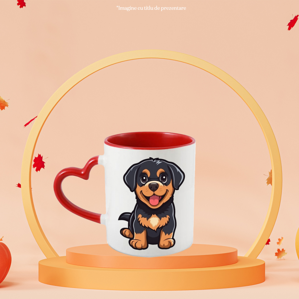 Cana Cu Catel, Pui, Iubitori De Desene Animate, Rottweiler, Multicolor 330 ml, Ceramica cu Maner Inima Rosie [3]
