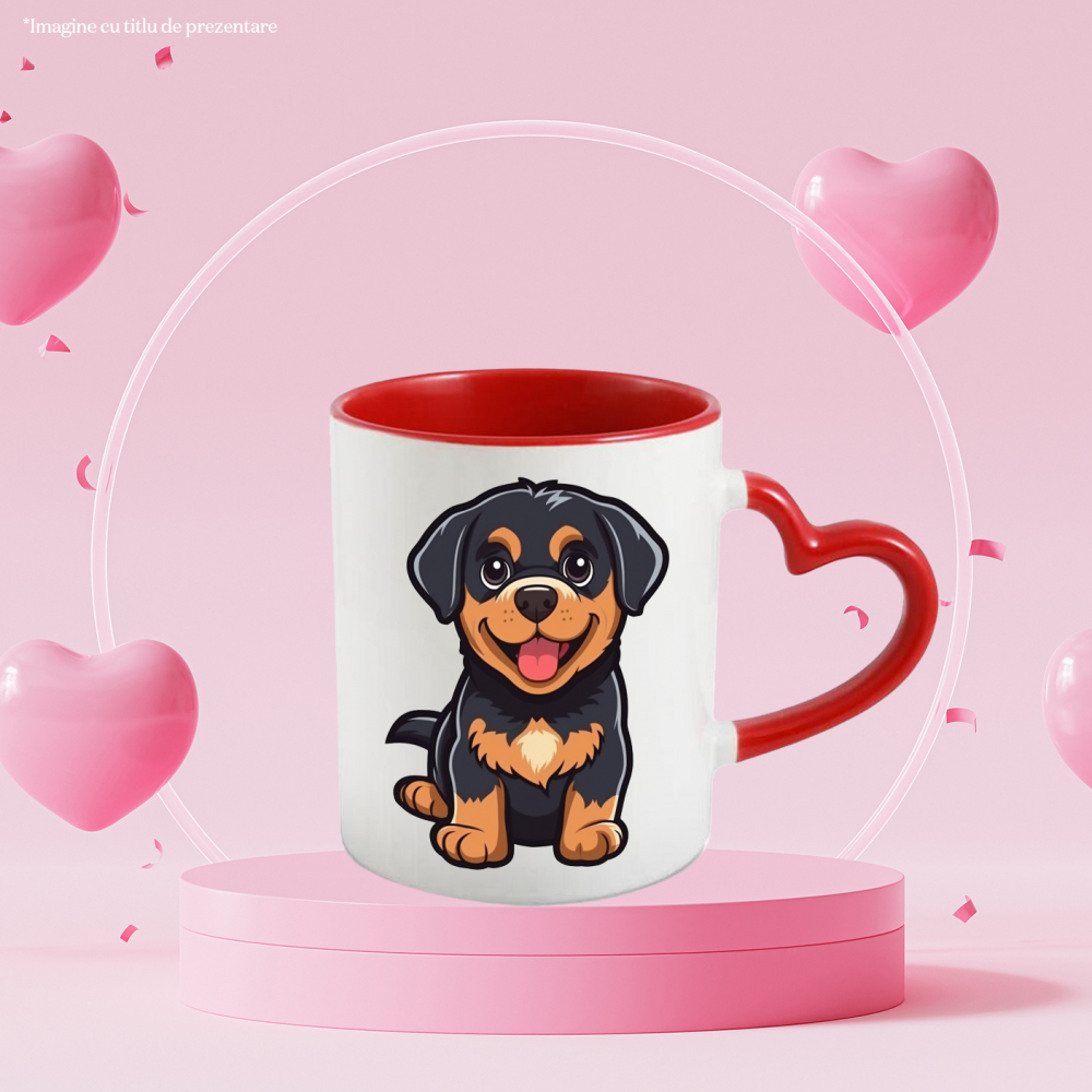 Cana Cu Catel, Pui, Iubitori De Desene Animate, Rottweiler, Multicolor 330 ml, Ceramica cu Maner Inima Rosie [2]