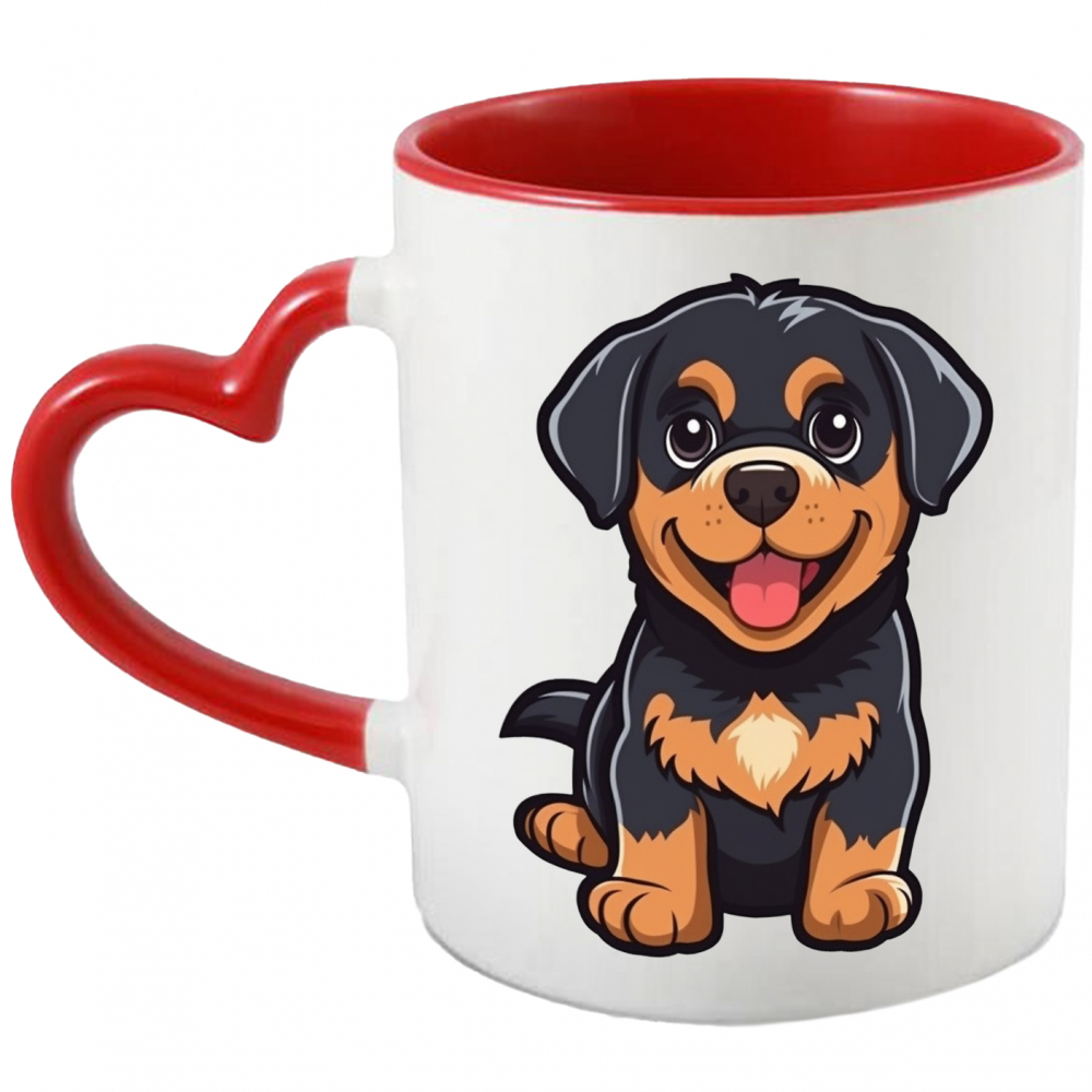 Cana Cu Catel, Pui, Iubitori De Desene Animate, Rottweiler, Multicolor 330 ml, Ceramica cu Maner Inima Rosie [1]