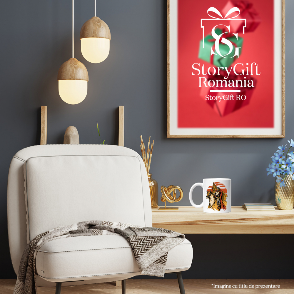 Cana Cu Cavaler, Calaret, Armura, Steag, Coif, Apus, Multicolor 330 ml, Ceramica cu Maner Alb [4]