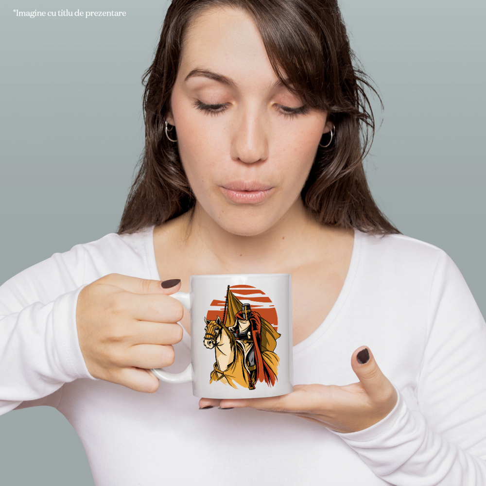 Cana Cu Cavaler, Calaret, Armura, Steag, Coif, Apus, Multicolor 330 ml, Ceramica cu Maner Alb [2]