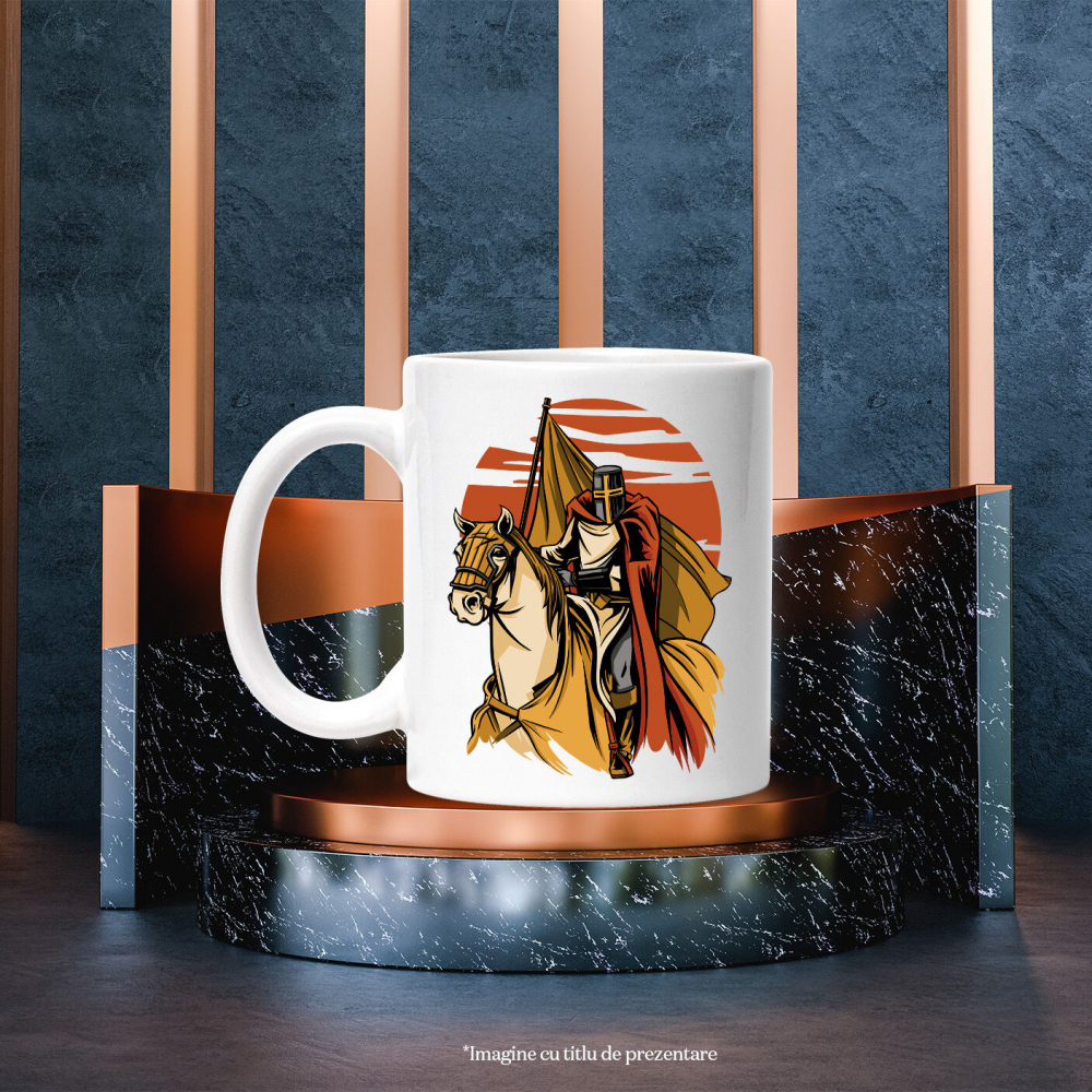 Cana Cu Cavaler, Calaret, Armura, Steag, Coif, Apus, Multicolor 330 ml, Ceramica cu Maner Alb [3]