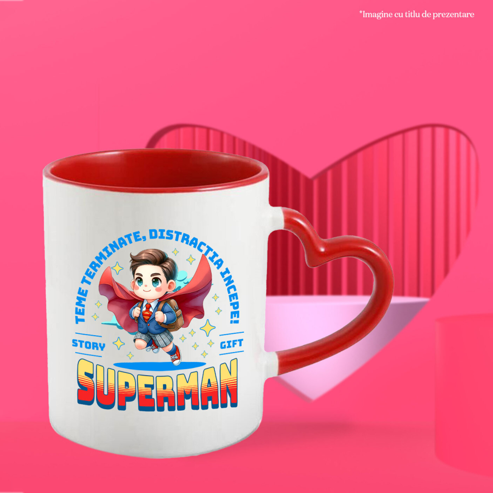 Cana Cu Cresc Invatand cu Superman Ceramica, 330ML, cu Maner Inima Rosie [2]