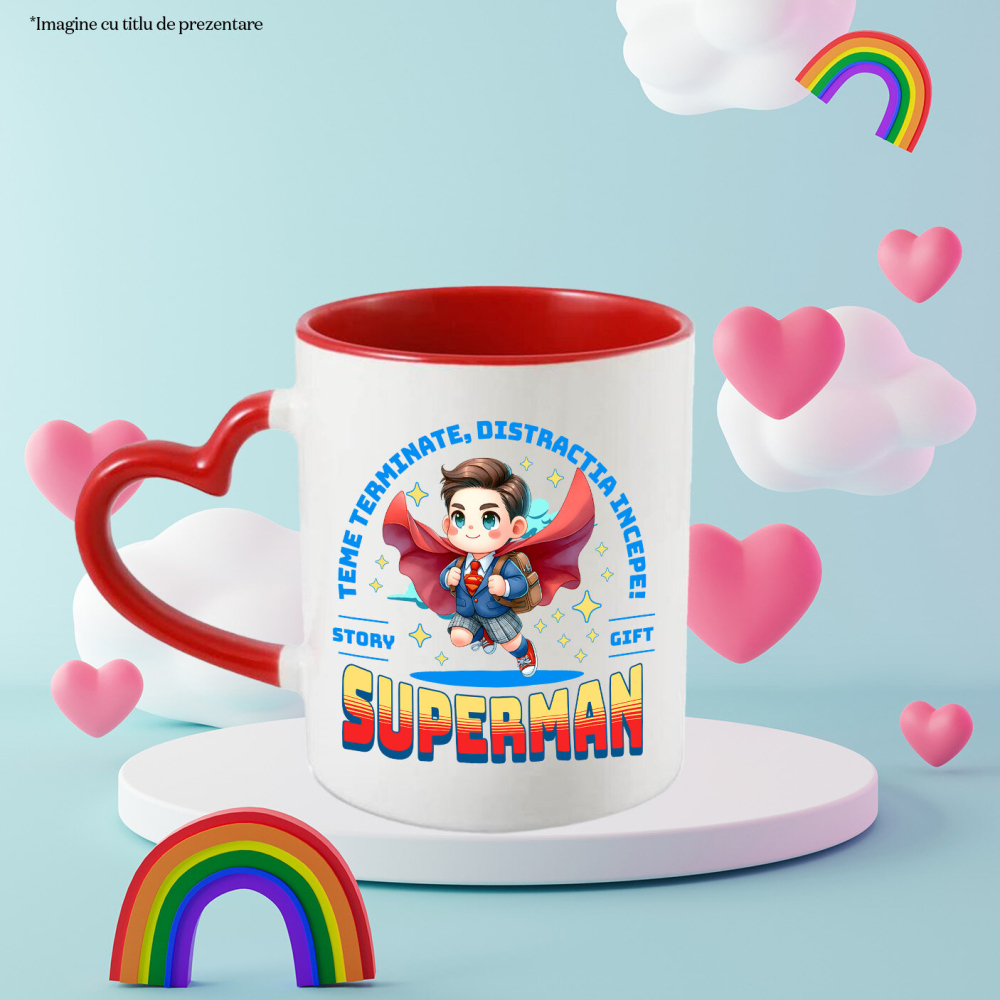 Cana Cu Cresc Invatand cu Superman Ceramica, 330ML, cu Maner Inima Rosie [3]