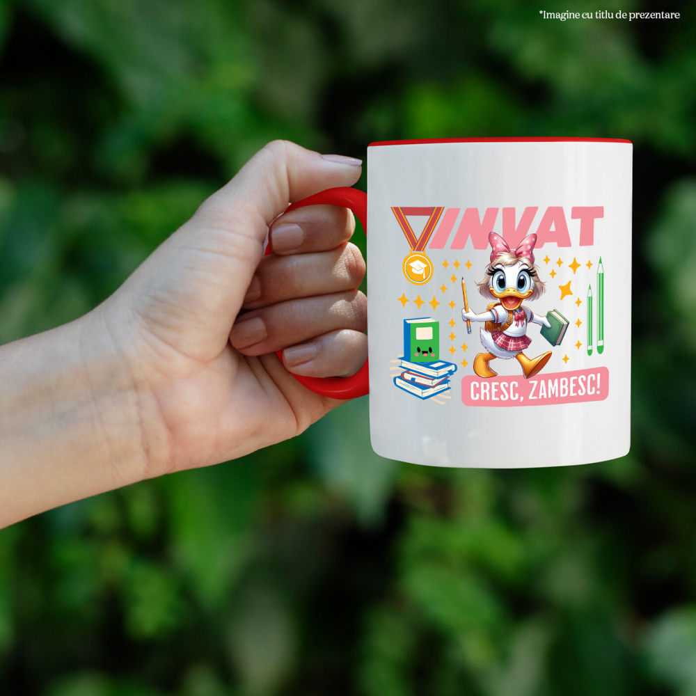 Cana Cu Cu Daisy, Zambim Si Invatam Sa Fim Mai Buni Ceramica, 330ML, cu Maner Rosu [2]