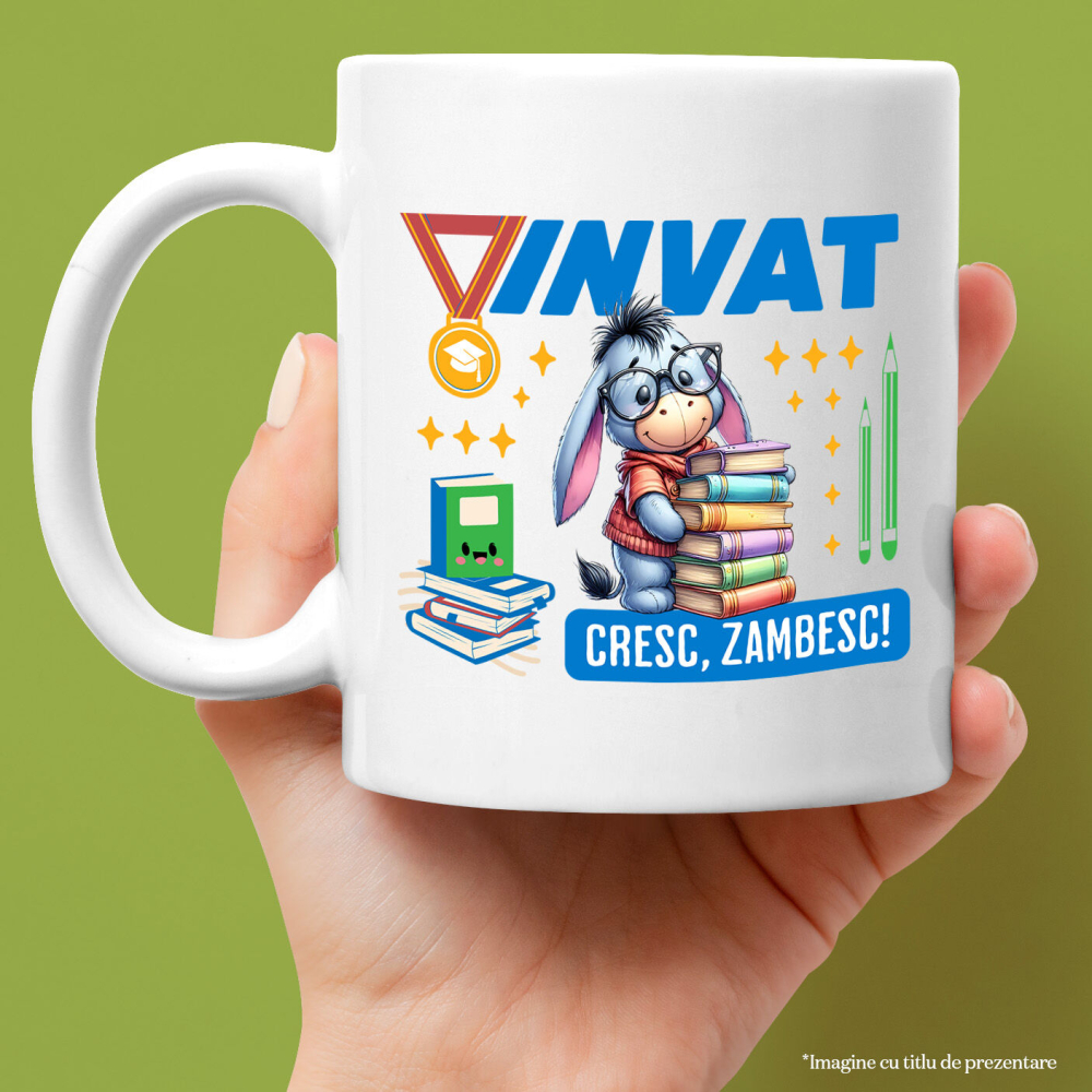 Cana Cu Cu Eeyore, Cărți și Zâmbete În Fiecare Zi Ceramica, 330ML, cu Maner Alb [2]