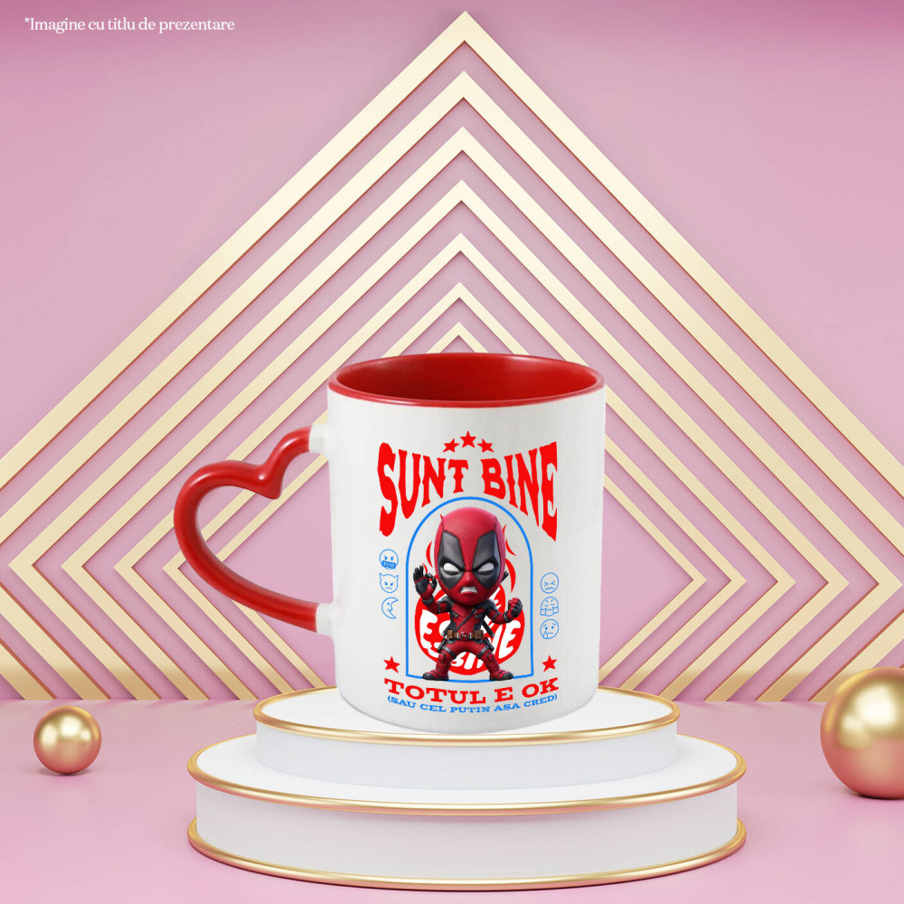 Cana Cu Deadpool, Ok, Sarcastic, Nervos, Iritat Ceramica, 330ML, cu Maner Inima Rosie [2]