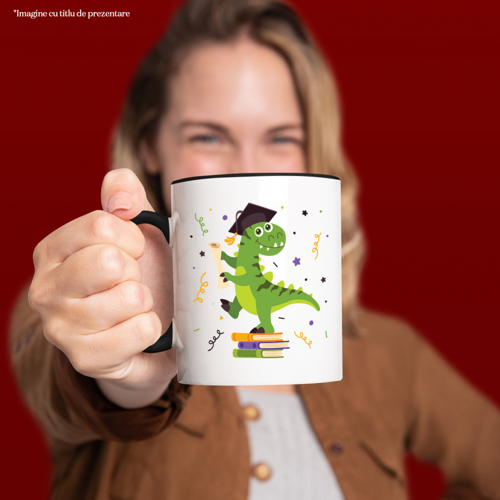 Cana Cu Dinozaur, Diploma, T-Rex, Palarie, Confeti, Scoala, Absolvire, Multicolor 330 ml, Ceramica cu Maner Negru [2]