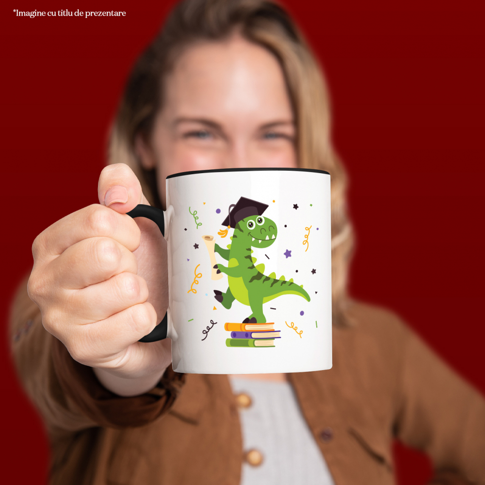 Cana Cu Dinozaur, Diploma, T-Rex, Palarie, Confeti, Scoala, Absolvire, Multicolor 330 ml, Ceramica cu Maner Negru [3]