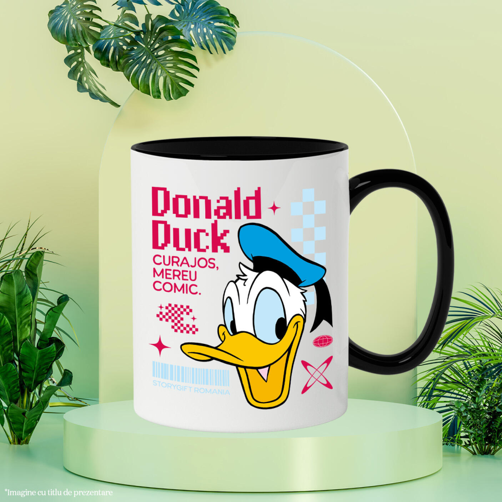 Cana Cu Donald Duck cu zambet plin de energie Ceramica, 330ML, cu Maner Negru [3]