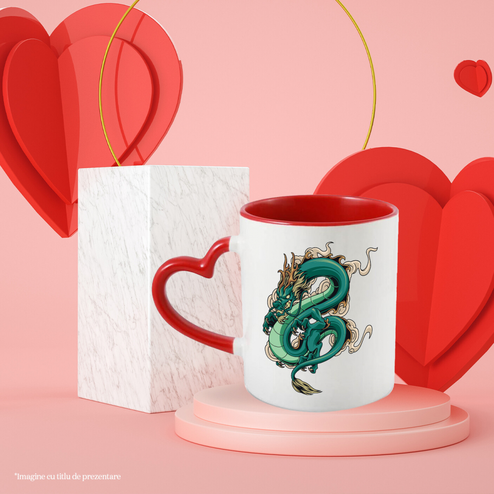 Cana Cu Dragon, Fum, Nor, Asiatic, Multicolor 330 ml, Ceramica cu Maner Inima Rosie [2]