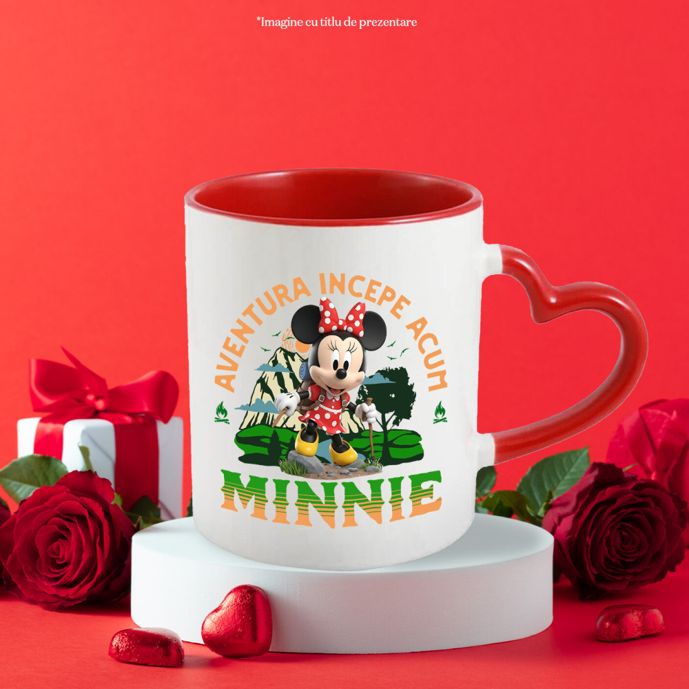 Cana Cu Drumetii Disney alături de Minnie Mouse Ceramica, 330ML, cu Maner Inima Rosie [3]