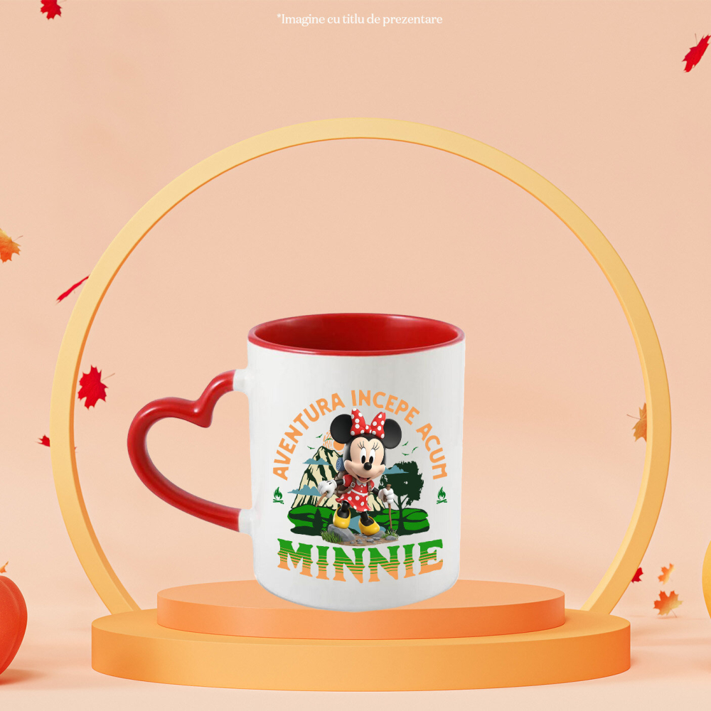 Cana Cu Drumetii Disney alături de Minnie Mouse Ceramica, 330ML, cu Maner Inima Rosie [2]