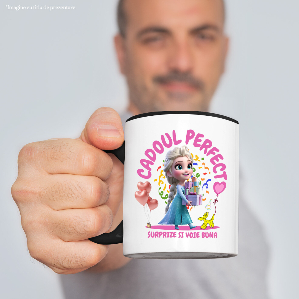 Cana Cu Elsa Aniversare - Cadou cu Inima de Gheata Ceramica, 330ML, cu Maner Negru [2]