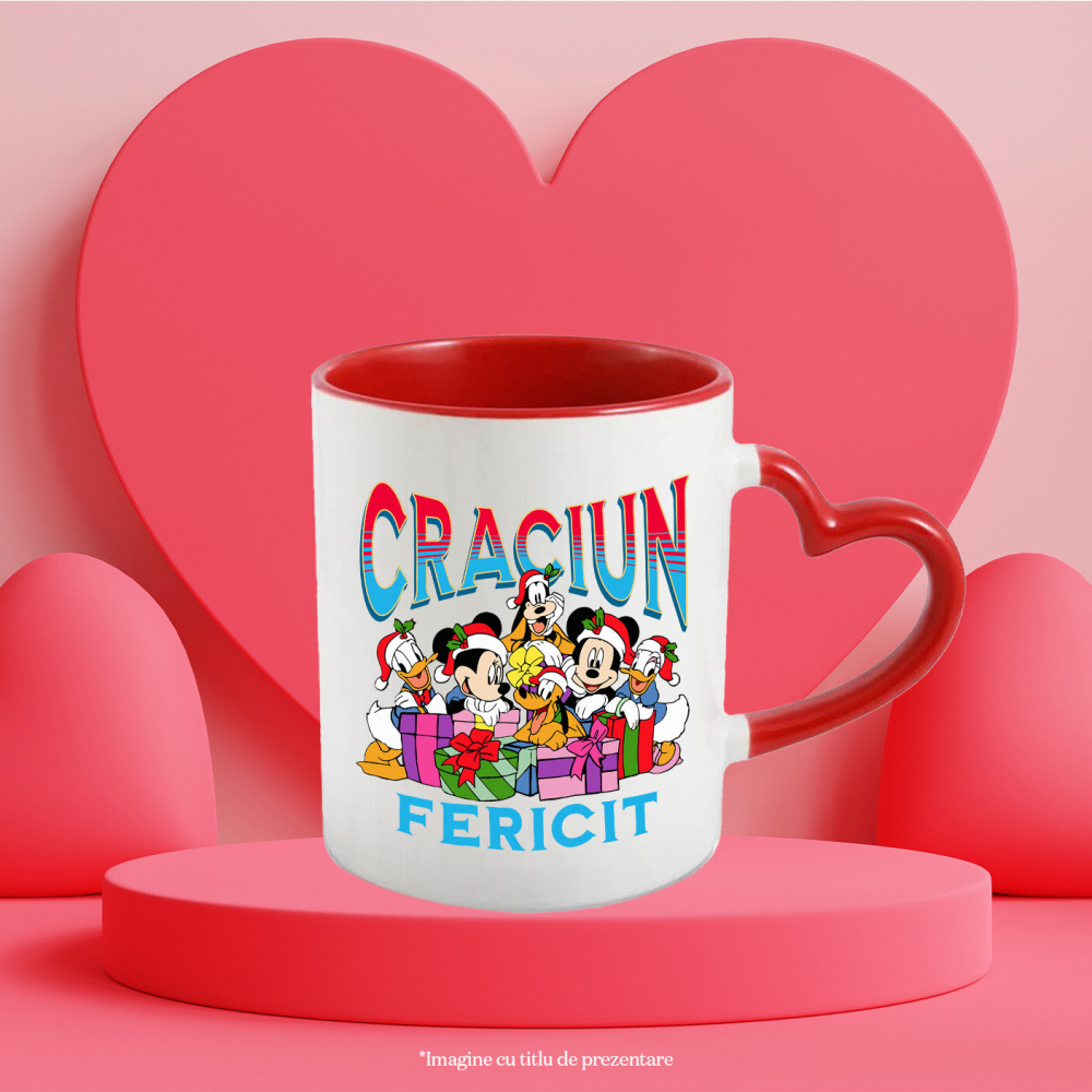 Cana Cu Familia Mickey Mouse Cadru Plin de Rasete Ceramica, 330ML, cu Maner Inima Rosie [3]