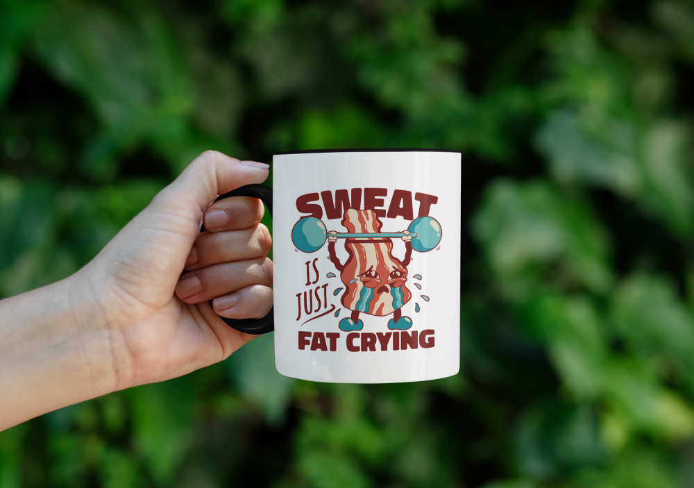 Cana Cu Felie De Bacon Ridicand Bara DE Greutati, Text IN Engleza Sweat Is Just Fat Crying, Gym, Iubitorii De Sport, 330 ml [2]