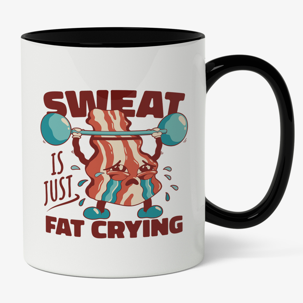 Cana Cu Felie De Bacon Ridicand Bara DE Greutati, Text IN Engleza Sweat Is Just Fat Crying, Gym, Iubitorii De Sport, 330 ml [1]