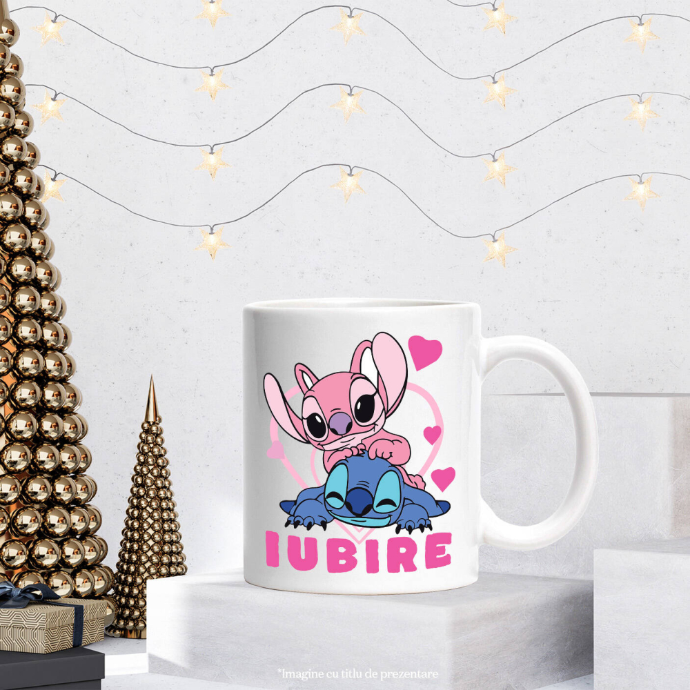 Cana Cu Fericire alaturi de Angel si Stitch Ceramica, 330ML, cu Maner Alb [3]