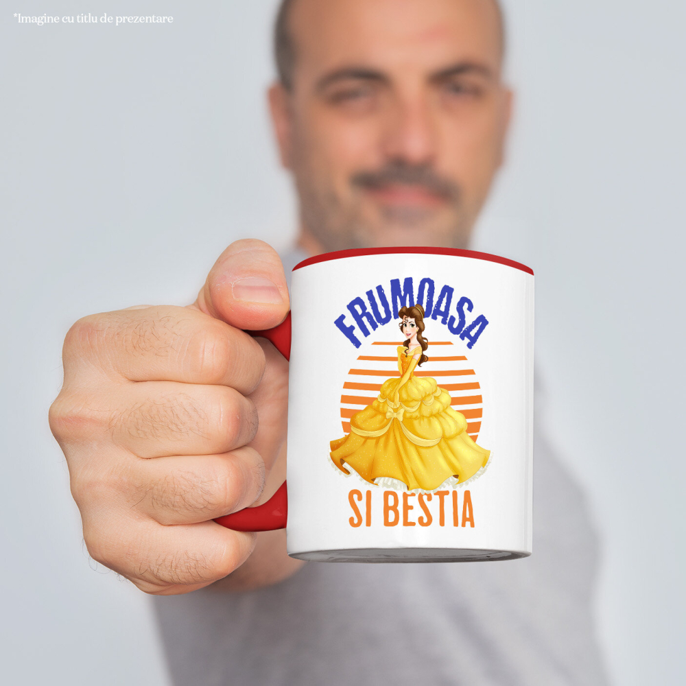 Cana Cu Frumoasa si Bestia - Dansul in Rochie de Aur Ceramica, 330ML, cu Maner Rosu [2]