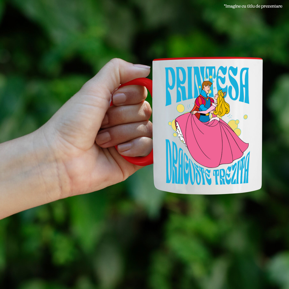 Cana Cu Frumoasa si Bestia - Principele si Printesa Aurora Ceramica, 330ML, cu Maner Rosu [2]