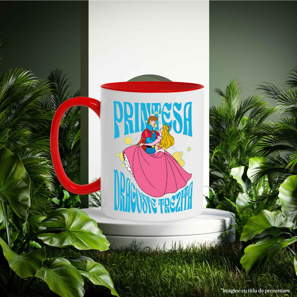 Cana Cu Frumoasa si Bestia - Principele si Printesa Aurora Ceramica, 330ML, cu Maner Rosu [3]