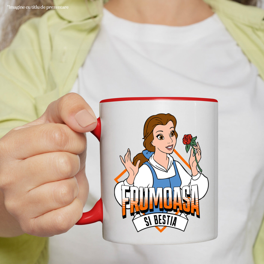 Cana Cu Frumoasa si Bestia - Un dar din inima pentru Belle Ceramica, 330ML, cu Maner Rosu [2]