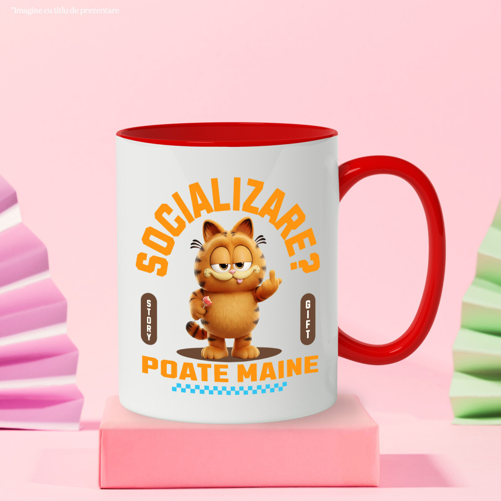 Cana Cu Garfield , Degetul Mijlociu, Socializare? Poate maine, Anti-social Ceramica, 330ML, cu Maner Rosu [3]