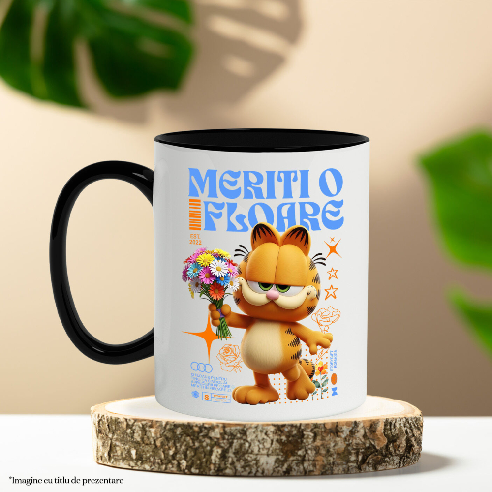 Cana Cu Garfield si Flori din Lumea Disney Ceramica, 330ML, cu Maner Negru [3]