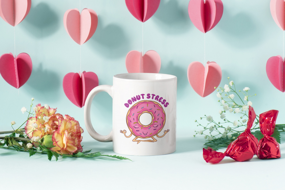 Cana Cu Gogoasa Glazurata Roz Stand In Pozitie De Yoga, Text Haios In Engleza Donut Stress, Dulciuri 330 ml, Maner Alb [3]