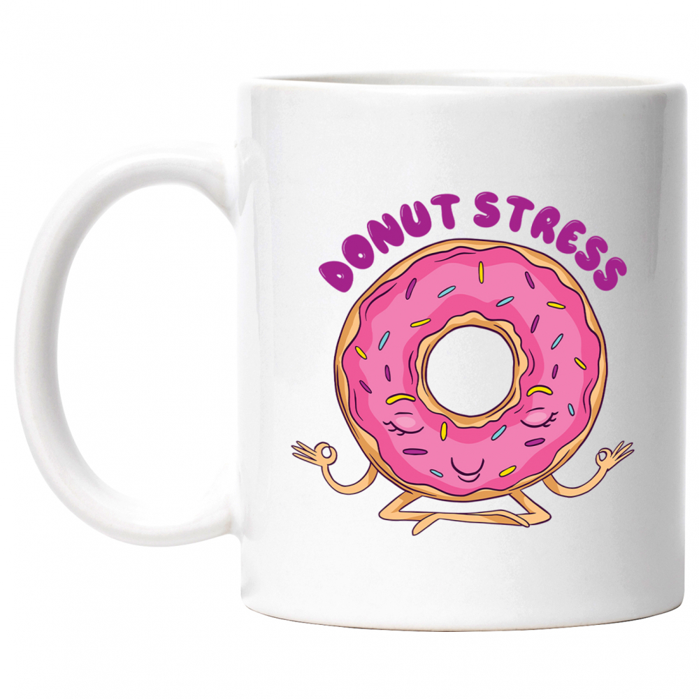 Cana Cu Gogoasa Glazurata Roz Stand In Pozitie De Yoga, Text Haios In Engleza Donut Stress, Dulciuri 330 ml, Maner Alb [1]