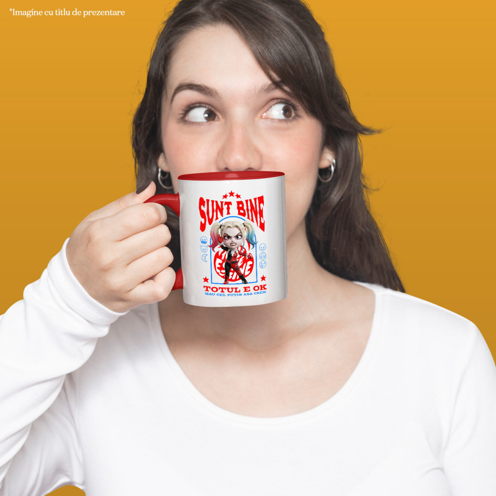 Cana Cu Harley Quenn, Ok, Sarcastic, Nervos, Iritat Ceramica, 330ML, cu Maner Rosu [2]