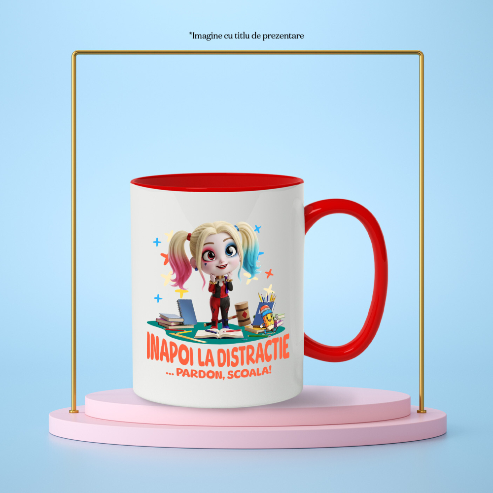 Cana Cu Harley Quinn – Aventuri La Scoala Ceramica, 330ML, cu Maner Rosu [3]