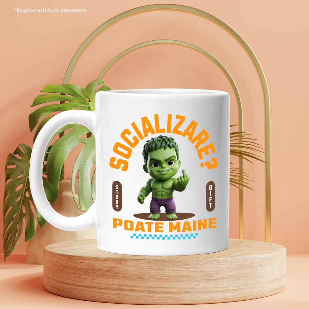 Cana Cu Hulk , Degetul Mijlociu, Socializare? Poate maine, Anti-social Ceramica, 330ML, cu Maner Alb [3]