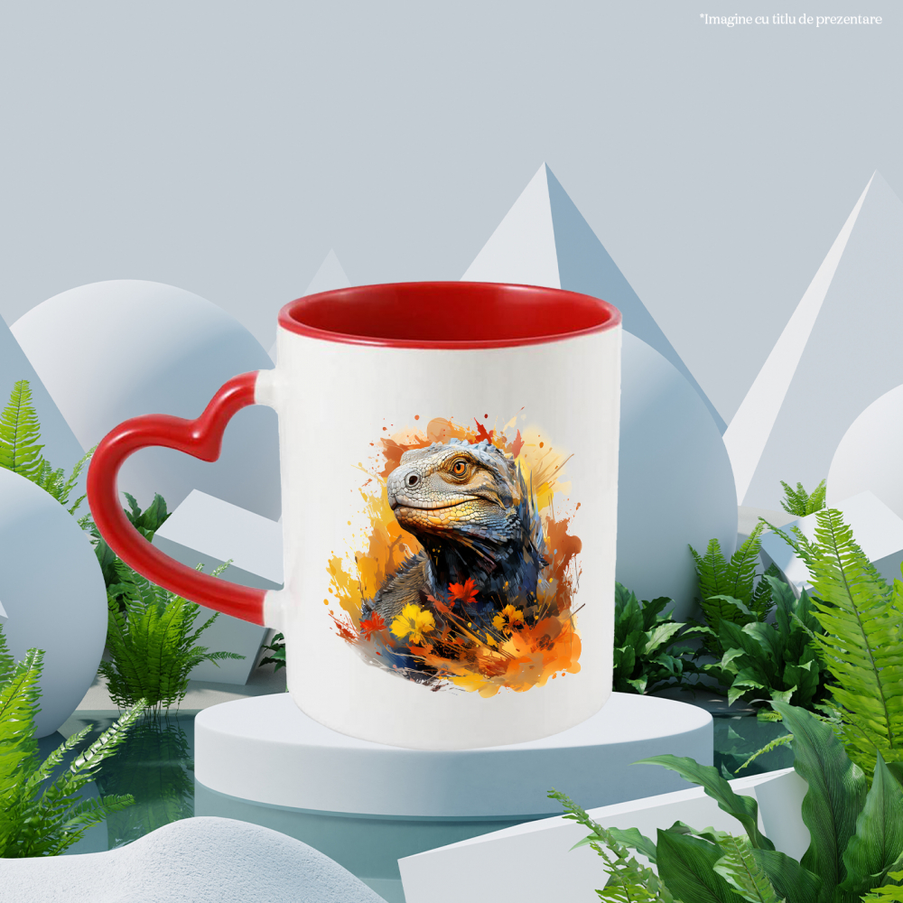 Cana Cu Iguana, Soparla, Animal, Flori, Watercolor, Multicolor 330 ml, Ceramica cu Maner Inima Rosie [3]