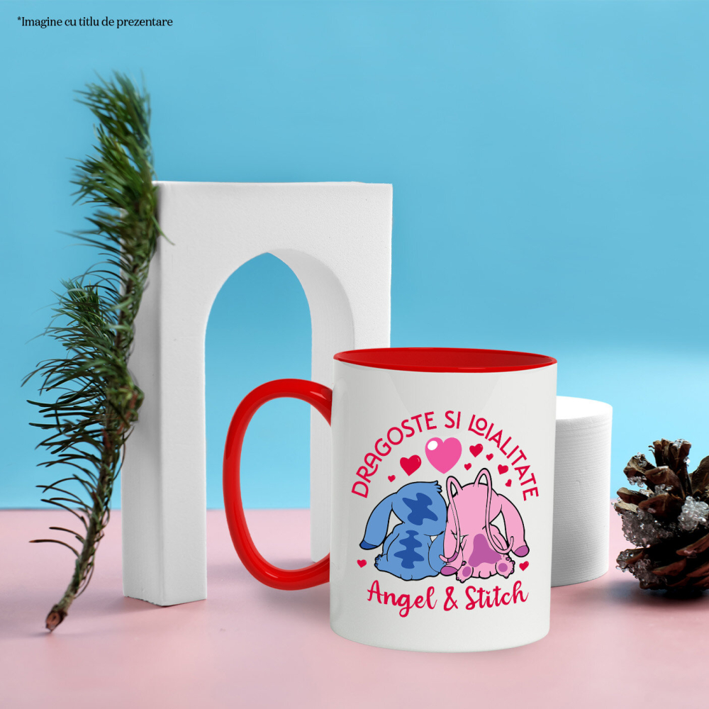 Cana Cu Inimi Pereche: Angel & Stitch Ceramica, 330ML, cu Maner Rosu [3]