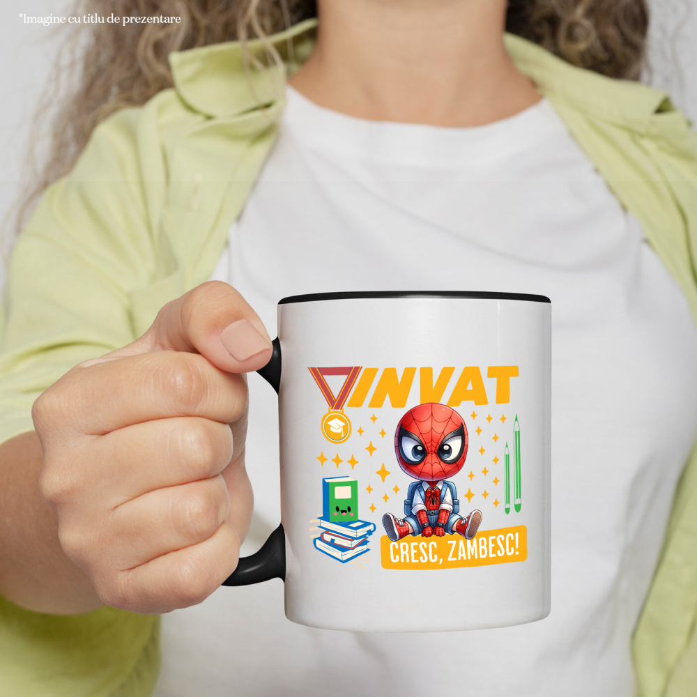 Cana Cu Invatare Vesela cu Spiderman Ceramica, 330ML, cu Maner Negru [2]