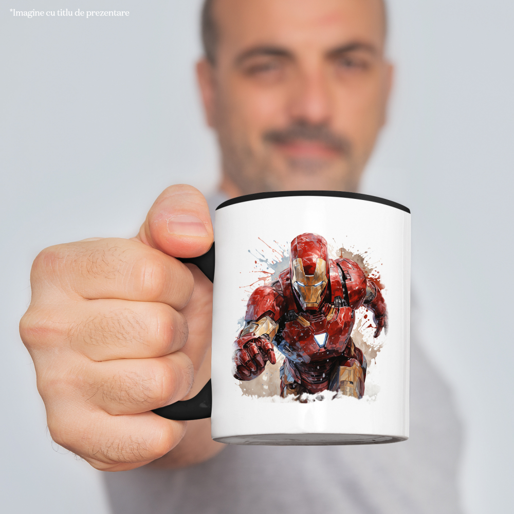 Cana Cu Iron Man, Avengers, Marvel, Iubitori De Filme, Supereroi, Multicolor 330 ml, Ceramica cu Maner Negru [3]