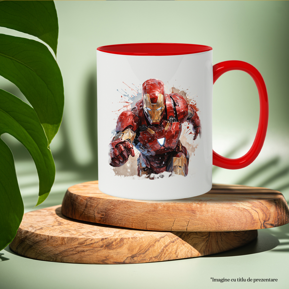 Cana Cu Iron Man, Avengers, Marvel, Iubitori De Filme, Supereroi, Multicolor 330 ml, Ceramica cu Maner Rosu [2]