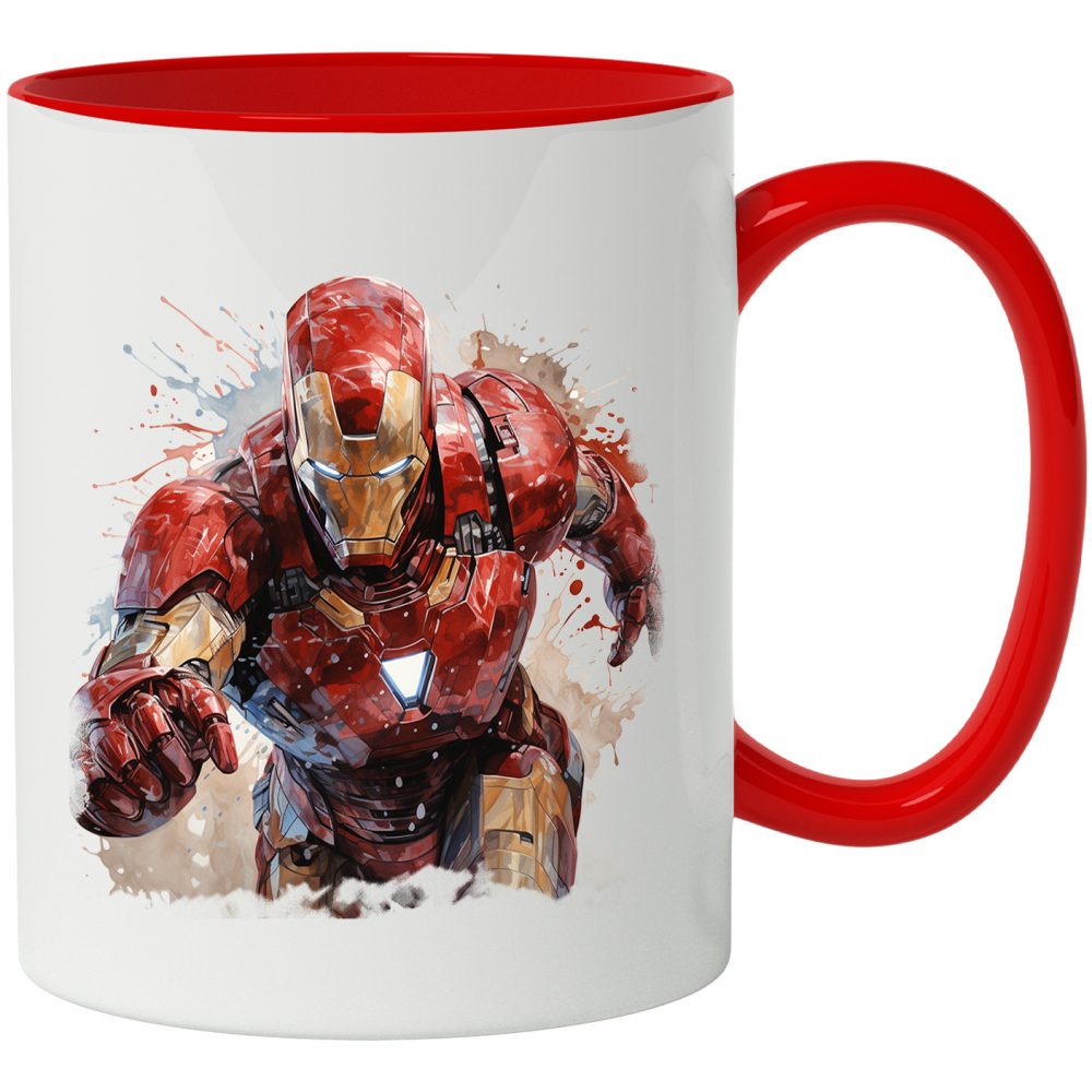 Cana Cu Iron Man, Avengers, Marvel, Iubitori De Filme, Supereroi, Multicolor 330 ml, Ceramica cu Maner Rosu [1]