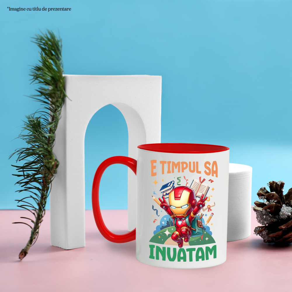 Cana Cu Iron Man: Curaj, Invataturi Si Zambete Ceramica, 330ML, cu Maner Rosu [3]