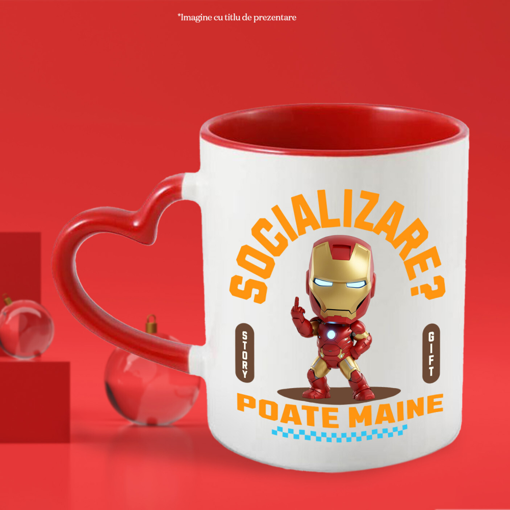 Cana Cu Iron man , Degetul Mijlociu, Socializare? Poate maine, Anti-social Ceramica, 330ML, cu Maner Inima Rosie [2]