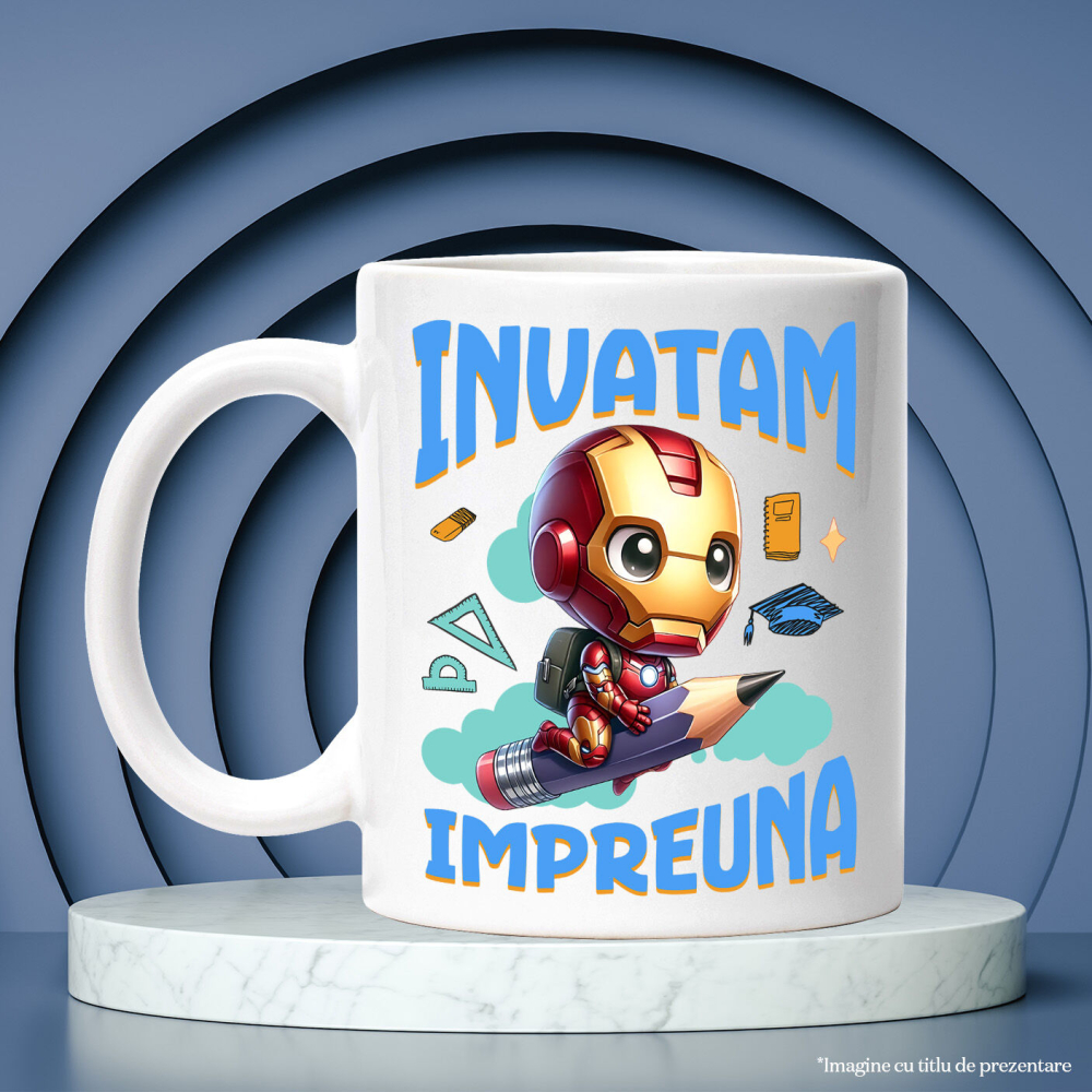 Cana Cu Iron Man si Prietenii Invata Impreuna Ceramica, 330ML, cu Maner Alb [3]