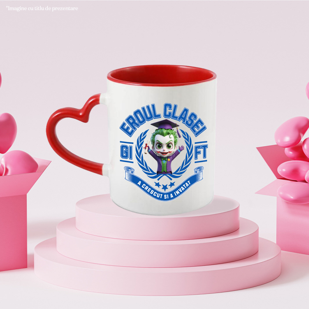 Cana Cu Joker Erou – Scoala Devine Distractie Ceramica, 330ML, cu Maner Inima Rosie [3]
