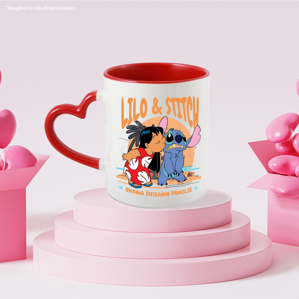 Cana Cu Lilo si Stitch – vacanta vesela Ceramica, 330ML, cu Maner Inima Rosie [3]