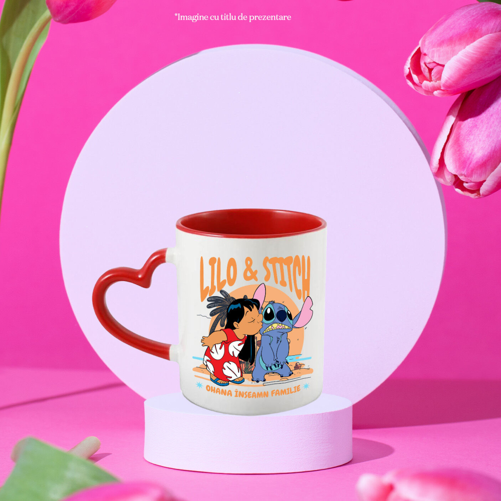 Cana Cu Lilo si Stitch – vacanta vesela Ceramica, 330ML, cu Maner Inima Rosie [2]