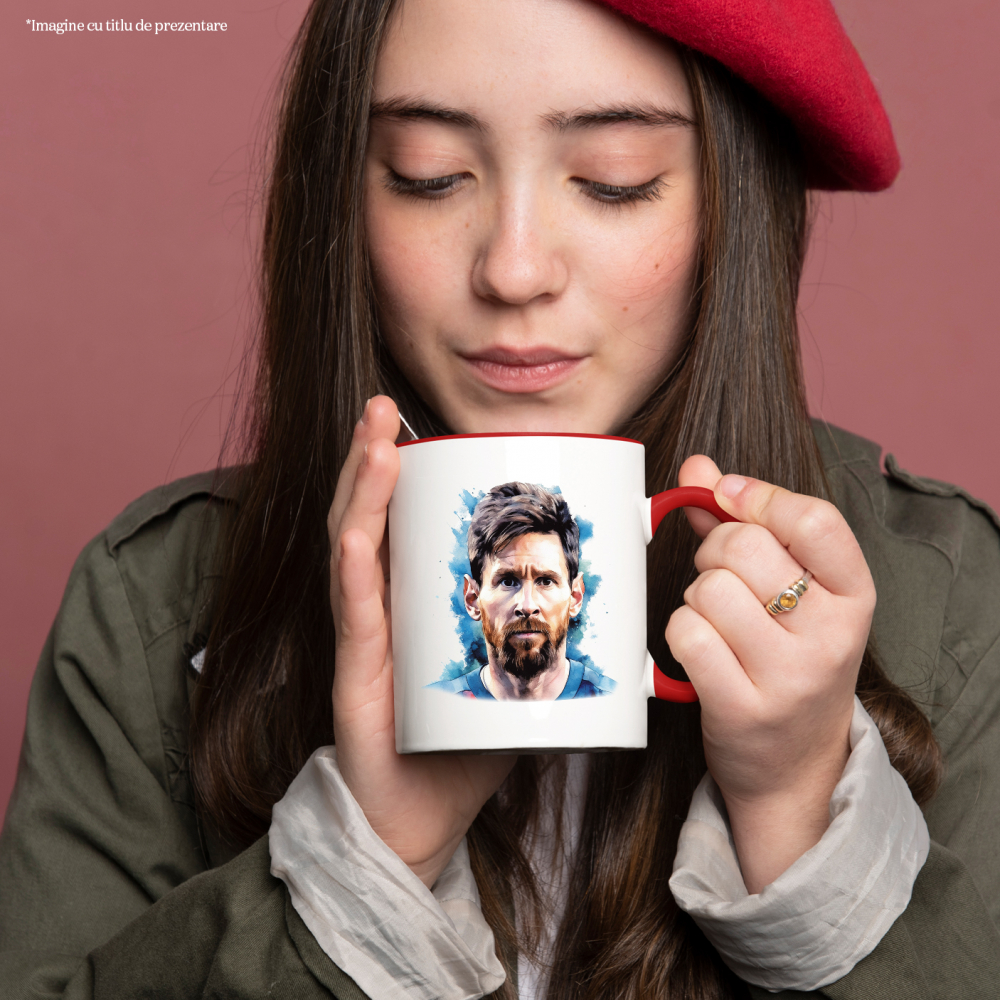 Cana Cu Lionel Messi, Fotbalist, Jucator, Sportiv, Multicolor 330 ml, Ceramica cu Maner Rosu [3]
